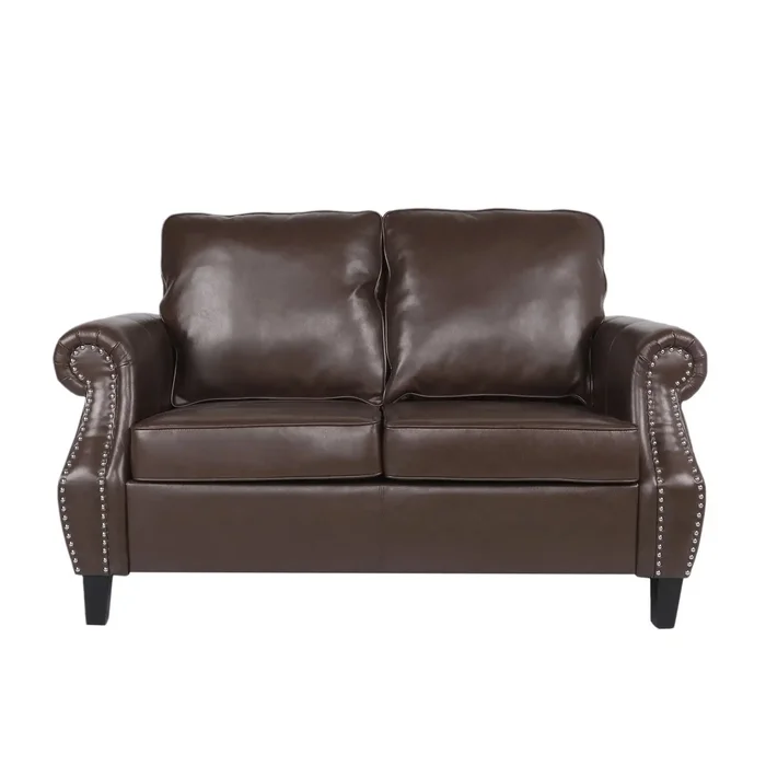 Contemporary Loveseat With Nailhead Trim – Dark Brown