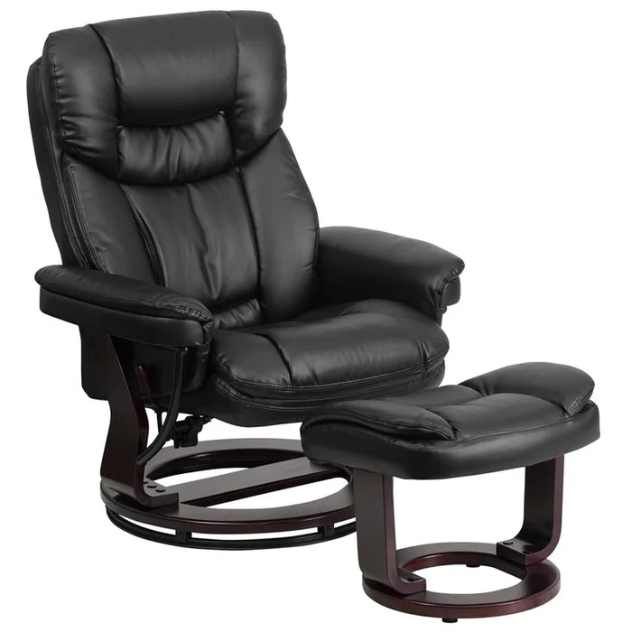 Contemporary Multi-Position Recliner And Curved Ottoman With Swivel Mahogany Wood Base In Black Leathersoft By Flash Furniture – Black