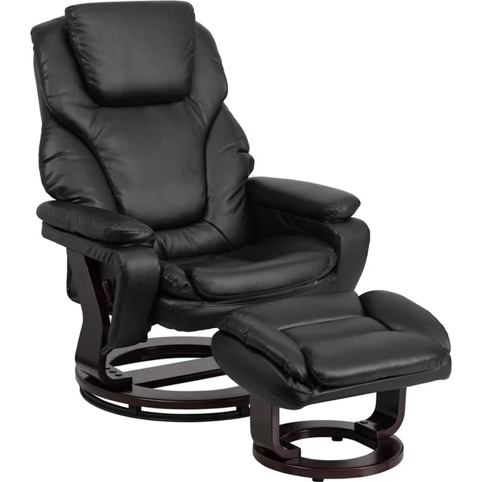 Contemporary Multi-Position Recliner And Ottoman With Swivel Mahogany Wood Base In Black Leathersoft By Flash Furniture – Black LeatherSoft