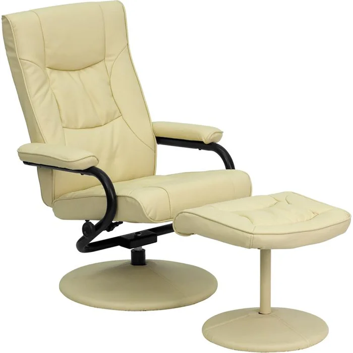 Contemporary Multi-Position Recliner And Ottoman With Wrapped Base In Cream Leathersoft By Flash Furniture – Cream