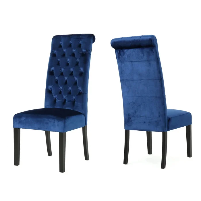 Elegant George Hi Back Dining Chair (Set of 2) With Tufted Velvet – Navy Blue