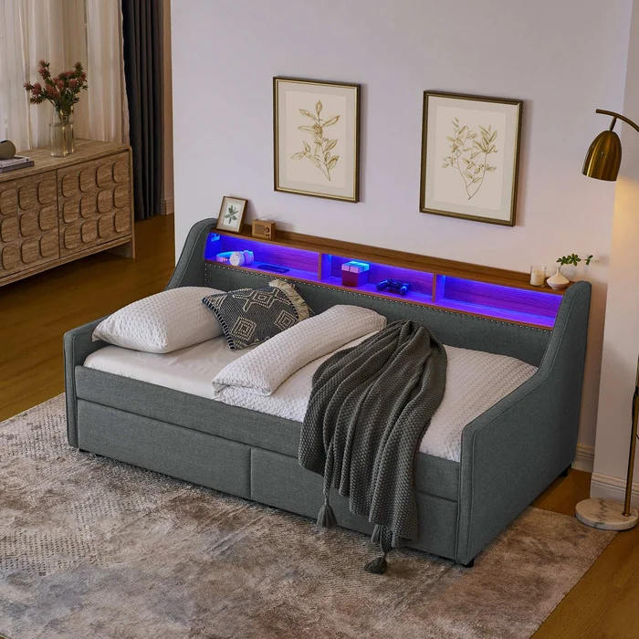 Eleni Twin Upholstery Daybed with LED lights, with Storage Adjustable Headboard