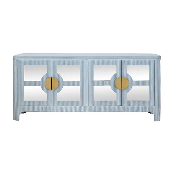 Four Door Mirror Front Reeded Case Buffet In Painted Light Blue