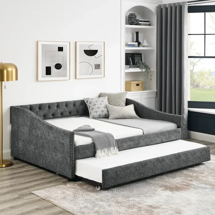 Full Size Daybed with Twin Size Trundle Upholstered Tufted Sofa Bed, with Button on Back and Copper Nail on Waved Shape Arms,Grey (80.5’x55.5’x27.5′)