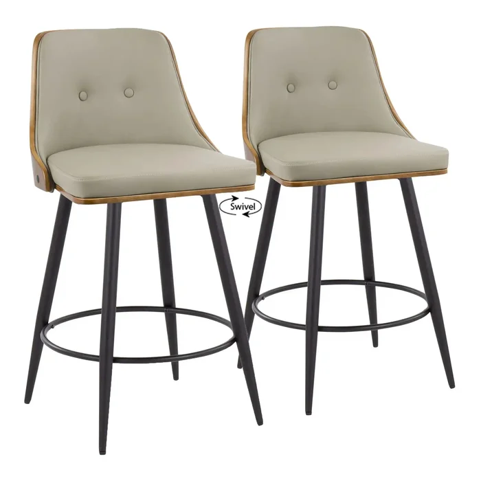 Gianna – Mid-Century Modern Fixed Height Counter Stool With Swivel With Round Footrest (Set of 2) – Matte Black / Walnut / Light Gray
