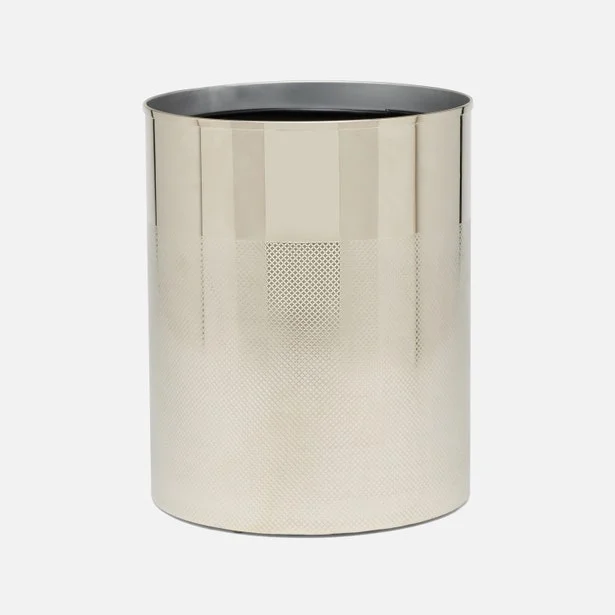 Hagen Shiny Nickel Wastebasket Round: 9″D x 11″H