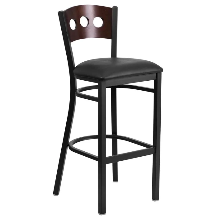 Hercules Series Black 3 Circle Back Metal Restaurant Barstool – Walnut Wood Back, Black Vinyl Seat By Flash Furniture – Walnut Wood Back , Black Vinyl Seat , Black Metal Frame