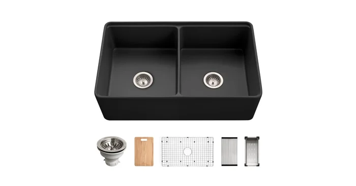Houzer Aspire 33″ Farmhouse Double Basin Fireclay Kitchen Sink with Basin Rack, Basket Strainer and Cutting Board