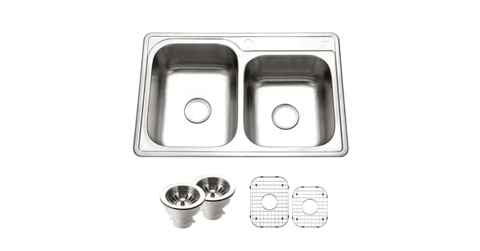 Houzer Glowtone 33″ Drop In Double Basin Stainless Steel Kitchen Sink with Basin Rack and Basket Strainer