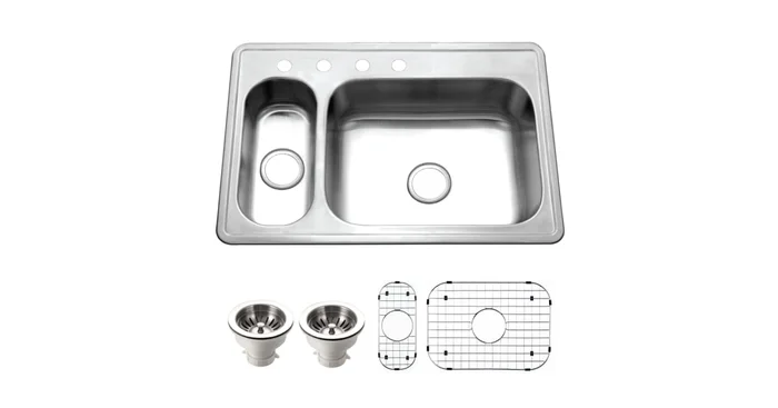 Houzer Legend 33″ Drop In Double Basin Stainless Steel Kitchen Sink with Basin Rack and Basket Strainer