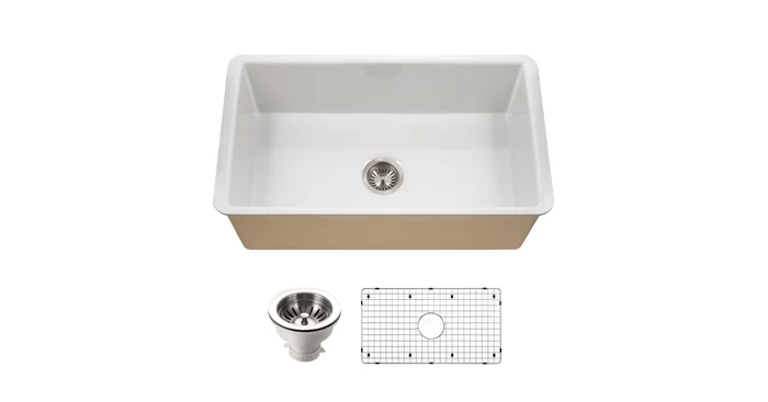 Houzer Platus 32″ Undermount Single Basin Fireclay Kitchen Sink with Basin Rack and Basket Strainer