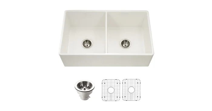 Houzer Platus 33″ Farmhouse Double Basin Fireclay Kitchen Sink with Basin Rack and Basket Strainer