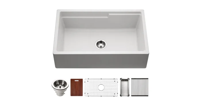 Houzer Quartztone 33″ Farmhouse Single Basin Granite Composite Kitchen Sink with Basin Rack, Basket Strainer and Cutting Board