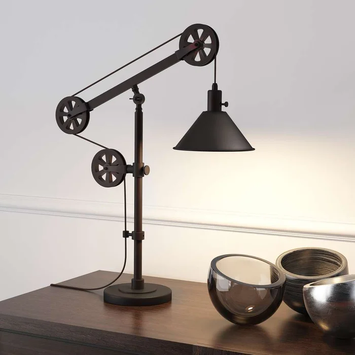 Hudson & Canal – Descartes 29in Tall Pulley System Table Lamp with Metal Shade in Blackened Bronze/Blackened Bronze – TL0103
