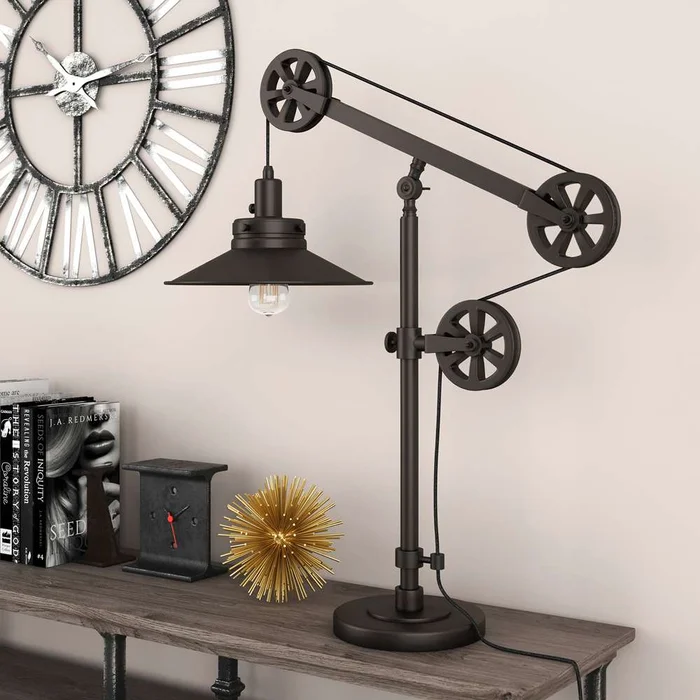 Hudson & Canal – Descartes 29in Tall Wide Brim/Pulley System Table Lamp with Metal Shade in Blackened Bronze/Blackened Bronze – TL0156