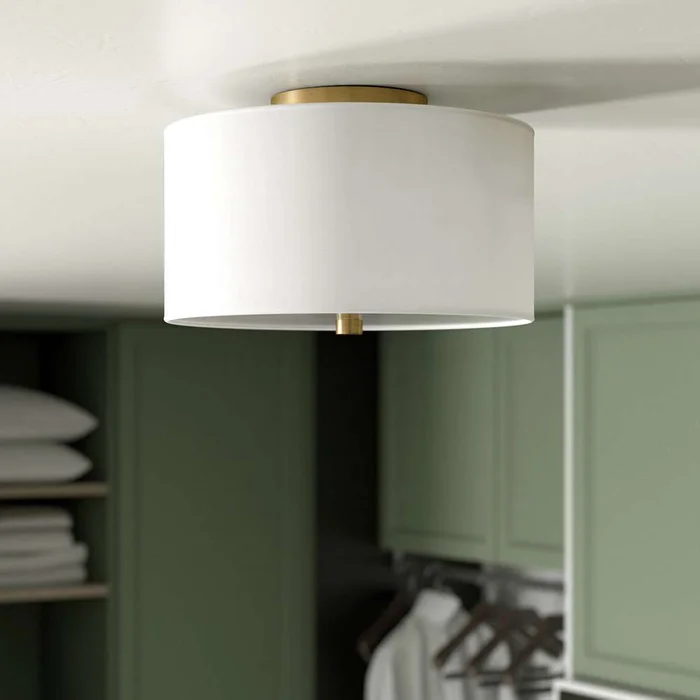 Hudson & Canal – Ellis 12in Flush Mount with Fabric Shade in Brass/White – SF1505
