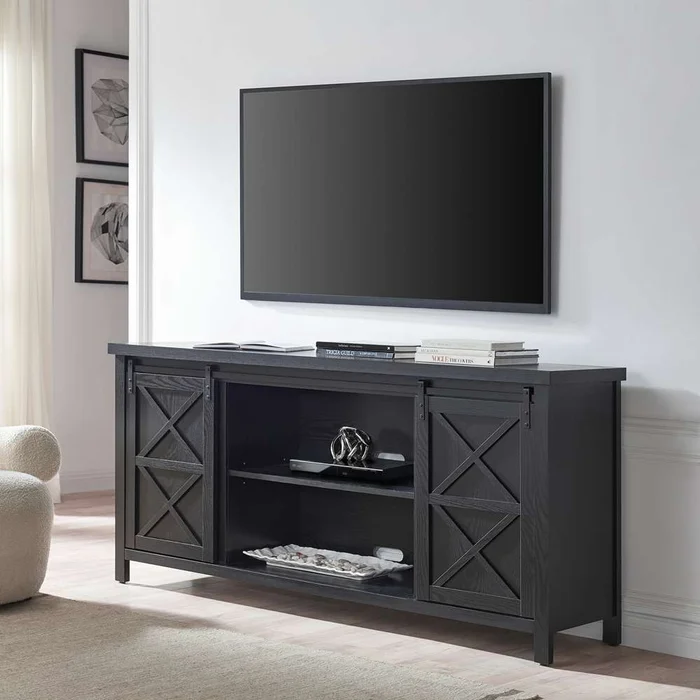 Hudson & Canal – Elmwood Rectangular TV Stand for TVs up to 75in in Black Grain – TV1396