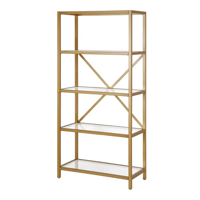 Hudson & Canal – Etta 63in Tall Rectangular Bookcase in Brushed Brass – BK0439