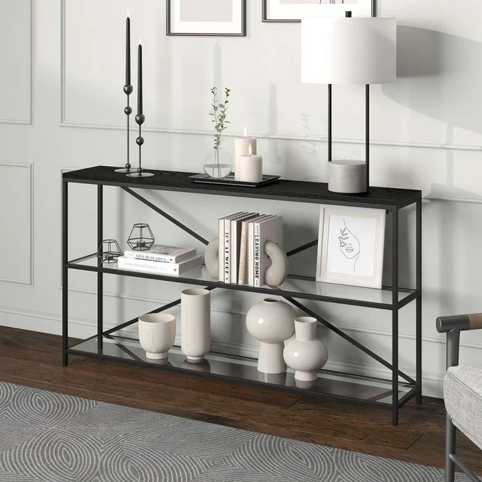 Hudson & Canal – Fionn 55in Wide Rectangular Console Table in Blackened Bronze/Black Grain – AT1541