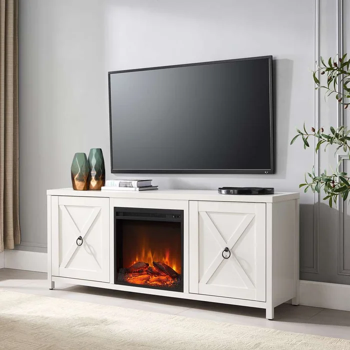 Hudson & Canal – Granger Rectangular TV Stand with Log Fireplace for TVs up to 65in in White – TV0675