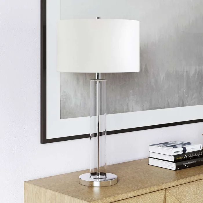Hudson & Canal – Harlow 29in Tall Table Lamp with Fabric Shade in Clear Glass/Polished Nickel/White – TL0183