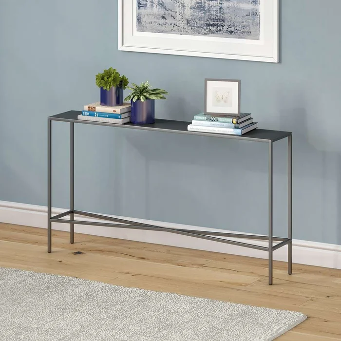 Hudson & Canal – Henley 55in Wide Rectangular Console Table with Metal Top in Gunmetal Gray – AT1589
