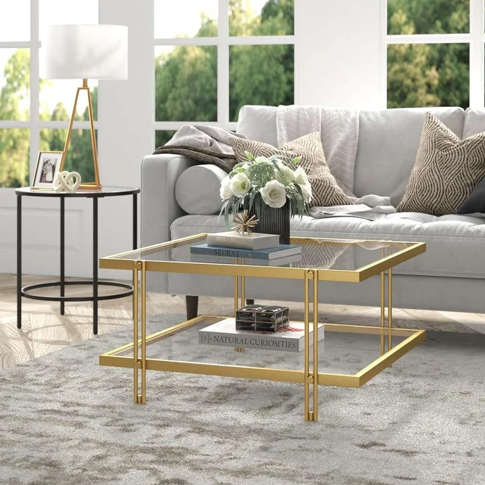 Hudson & Canal – Inez 32in Wide Square Coffee Table in Brass – CT0958