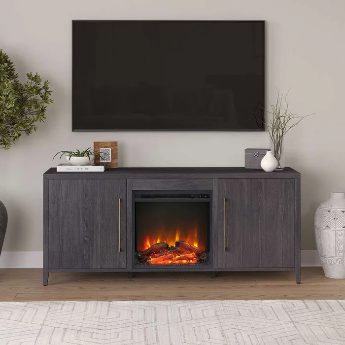 Hudson & Canal – Jasper Rectangular TV Stand with Log Fireplace for TVs up to 65in in Charcoal Gray – TV1763