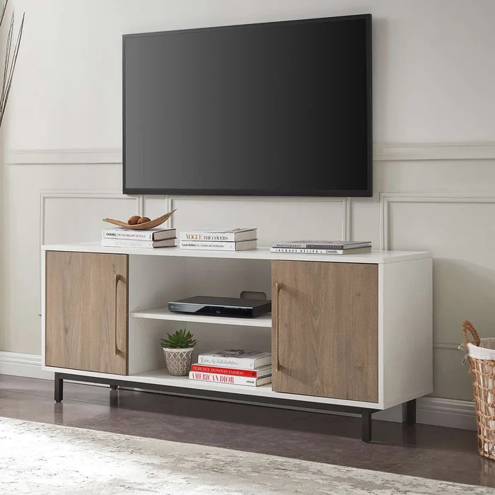 Hudson & Canal – Julian Rectangular TV Stand for TVs up to 65in in White/Antiqued Gray Oak – TV1680