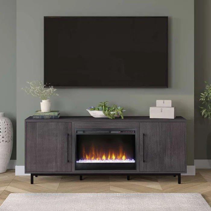 Hudson & Canal – Julian Rectangular TV Stand with 26in Crystal Fireplace for TVs up to 75in in Charcoal Gray – TV1818