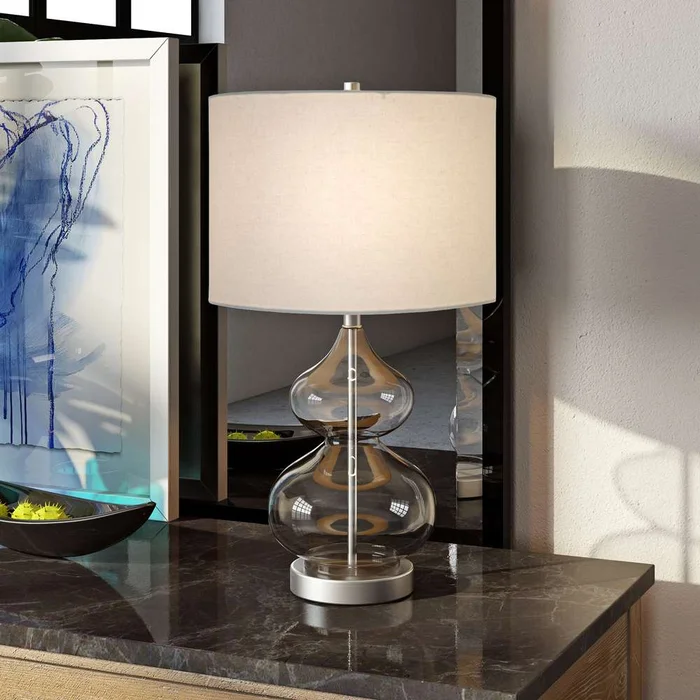 Hudson & Canal – Katrina 23.5in Tall Table Lamp with Fabric Shade in Clear Glass/Satin Nickel/White – TL0129
