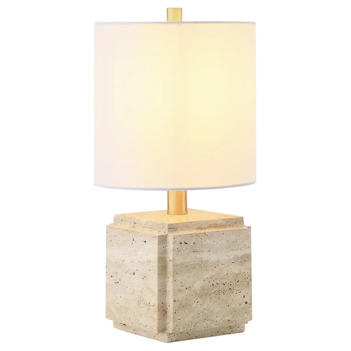 Hudson & Canal – Pacha 16in Tall Stone Table Lamp with Fabric Shade in Natural Travertine – TL2307