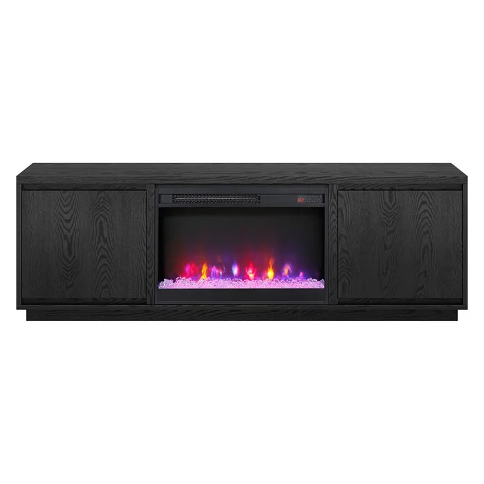 Hudson & Canal – Presque Rectangular TV Stand with 26in Crystal Fireplace for TVs up to 75in in Black Grain – TV2315