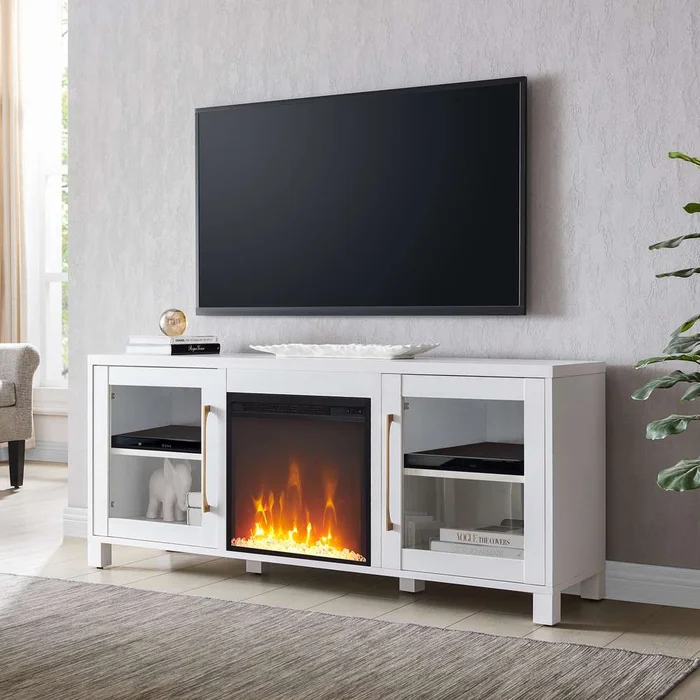 Hudson & Canal – Quincy Rectangular TV Stand with Crystal Fireplace for TVs up to 65in in White – TV1132