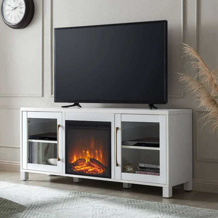 Hudson & Canal – Quincy Rectangular TV Stand with Log Fireplace for TVs up to 65in in White – TV1133