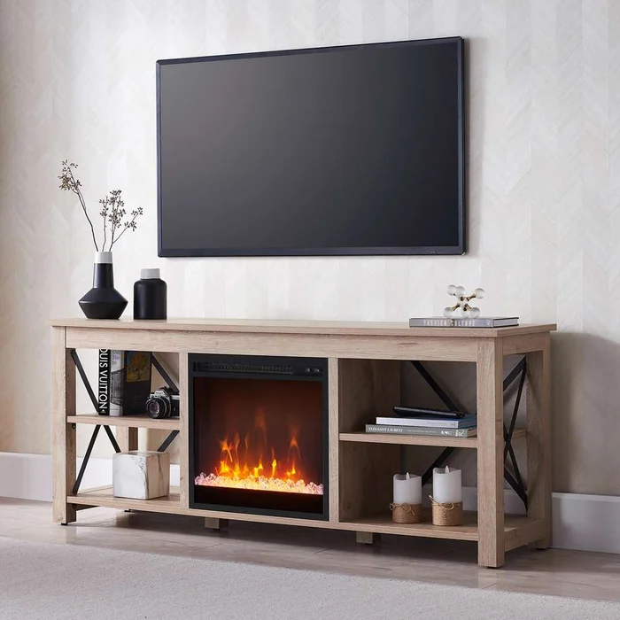Hudson & Canal – Sawyer Rectangular TV Stand with Crystal Fireplace for TVs up to 65in in White Oak – TV1489