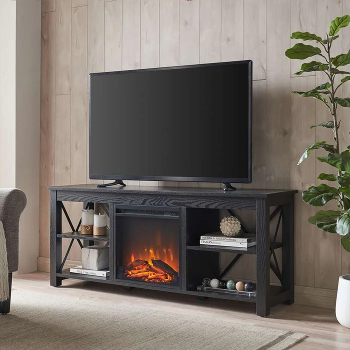 Hudson & Canal – Sawyer Rectangular TV Stand with Log Fireplace for TVs up to 65in in Black – TV1302