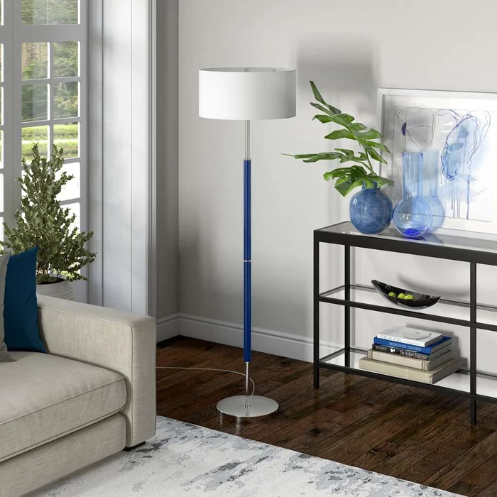 Hudson & Canal – Simone 2-Light Floor Lamp with Fabric Shade in Blue/Polished Nickel/White – FL1234