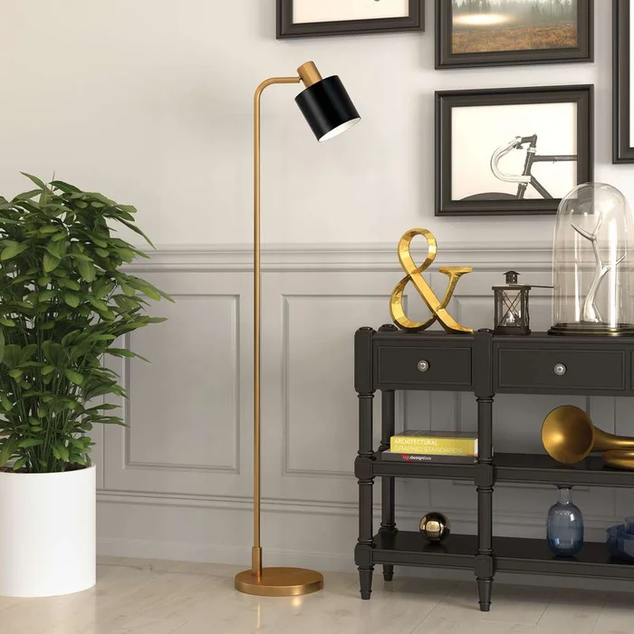 Hudson & Canal – Thew 65in Tall Floor Lamp with Metal Shade in Brass/Black – FL0148