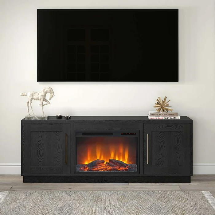 Hudson & Canal – Tillman Rectangular TV Stand with 26in Log Fireplace for TVs up to 75in in Black Grain – TV1840