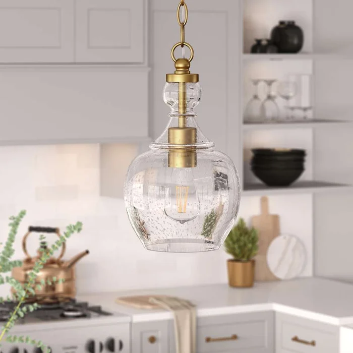 Hudson & Canal – Verona 7in Wide Pendant with Glass Shade in Brushed Brass/Seeded – PD1072