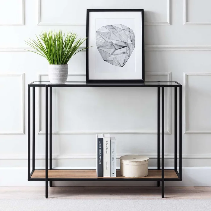 Hudson & Canal – Vireo 42in Wide Rectangular Console Table with MDF Shelf in Blackened Bronze/Rustic Oak – AT0557