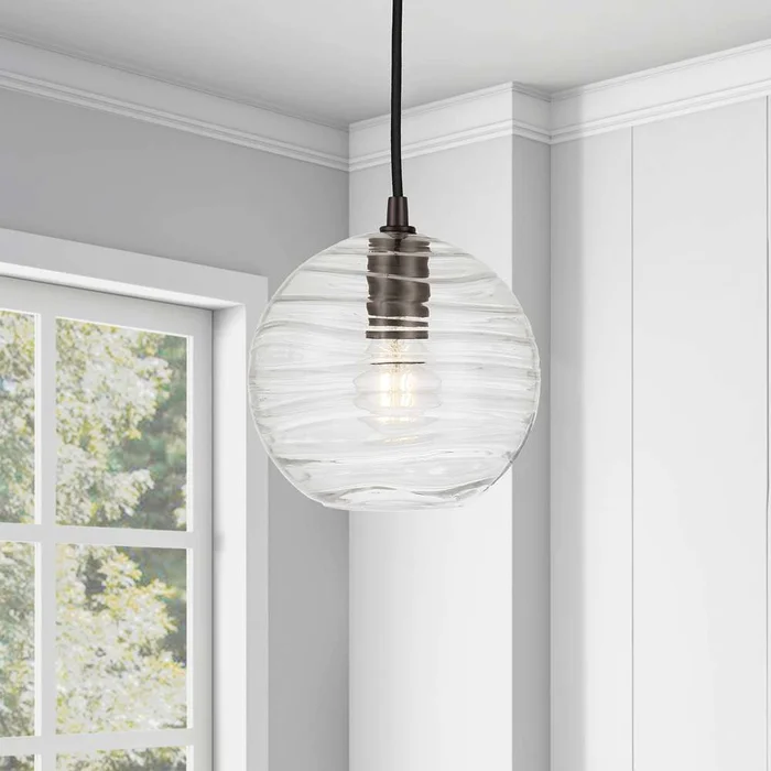 Hudson & Canal – Wayve 8in Wide Textured Pendant with Glass Shade in Blackened Bronze/Clear – PD0078