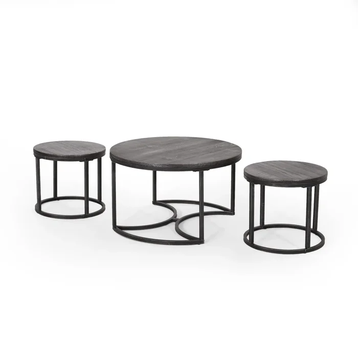 Icebergs – 3 Piece Coffee Table Set With Wood Top And Iron Base – Black / Gray
