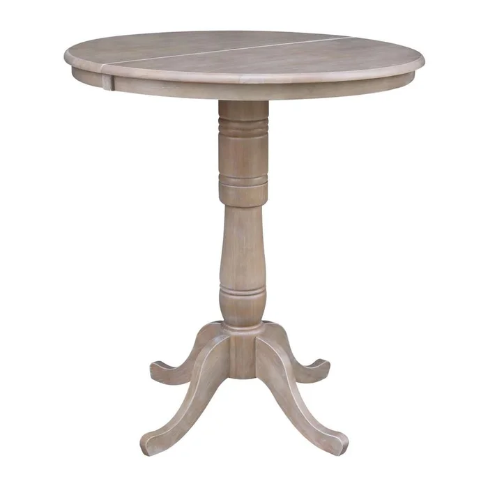International Concepts – 36in Round Top Ped Table with 12in Leaf – 41.3inH – Bar Height in Washed Gray Taupe Finish – K09-36RXT-6B-2