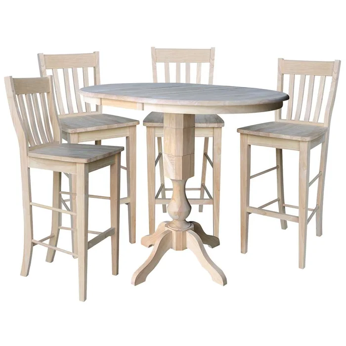 International Concepts – (Set of 5 Pcs) 36in Round Extension Dining Table with 4 Cafe Bar Height Stools – K-36RXT-11P-S6163-4