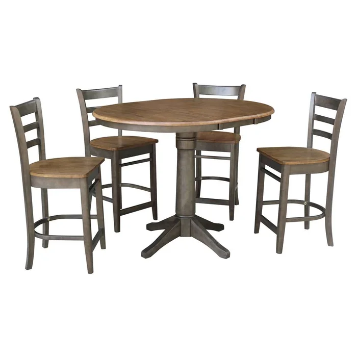 International Concepts – (Set of 5 Pcs) 36in Round Extension Dining Table with 4 Counter Height Stools in Hickory/Washed Coal Finish – K45-36RXT-27-S6172-4
