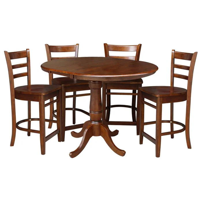 International Concepts – (Set of 5 Pcs) 36in Round Top Ped Ext Table and 4 RTA Counter Height Stools in Espresso Finish – K581-36RXT-S6172-4