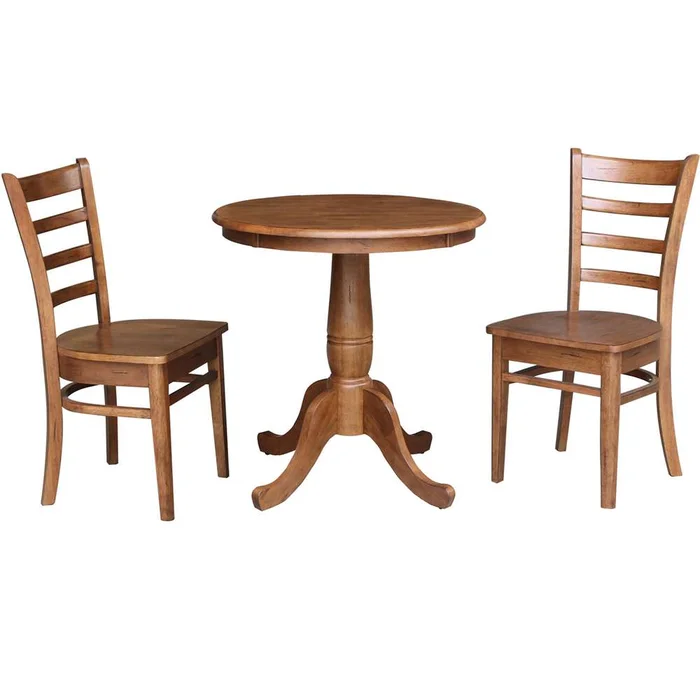 International Concepts (Set of 3 Pcs) -30in Round Top Ped Table with 2 Emily Chairs in Distressed Oak Finish – K42-30RT-C617-2