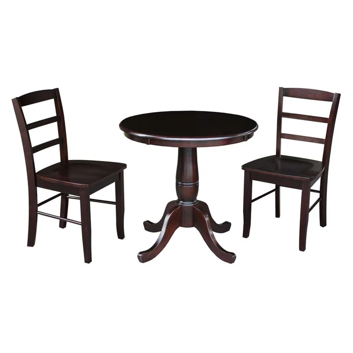 International Concepts (Set of 3 Pcs) -30in Round Top Ped Table with 2 RTA Chairs in Rich Mocha Finish – K15-30RT-C2-2